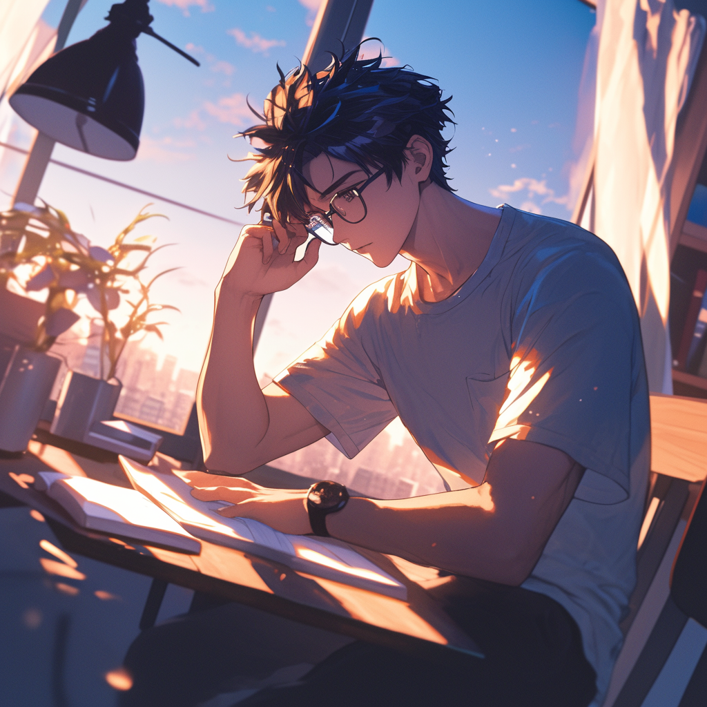 Teenage Male Studying at Home, Anime Character