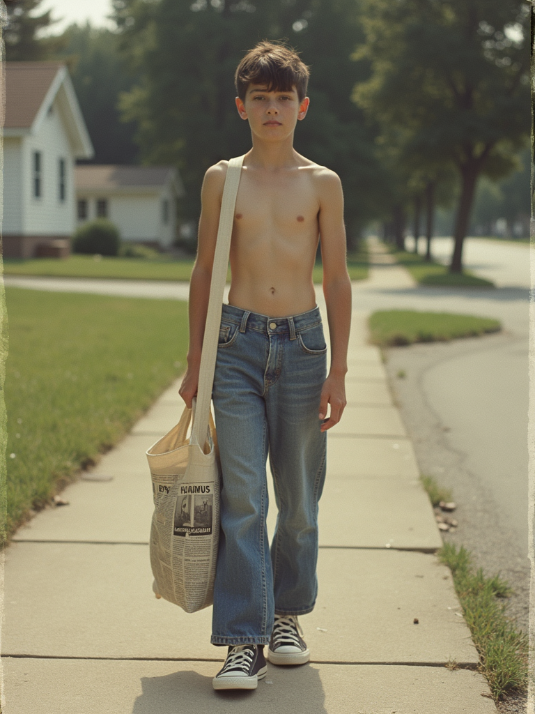 Teenage Paperboy in 1980s Summer Suburb