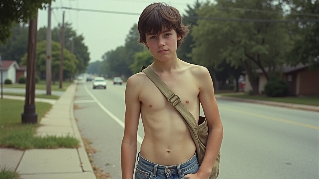 Teenage Paperboy in 1980s Summer Suburb Teenage Paperboy in 1980s Summer Suburb