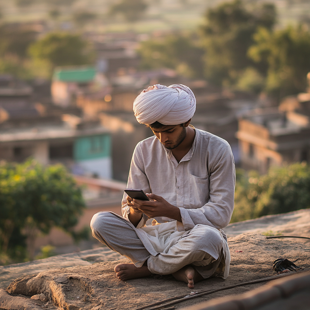 Teenage Turbaned Man on Indian Village Rooftop with Smartphone.