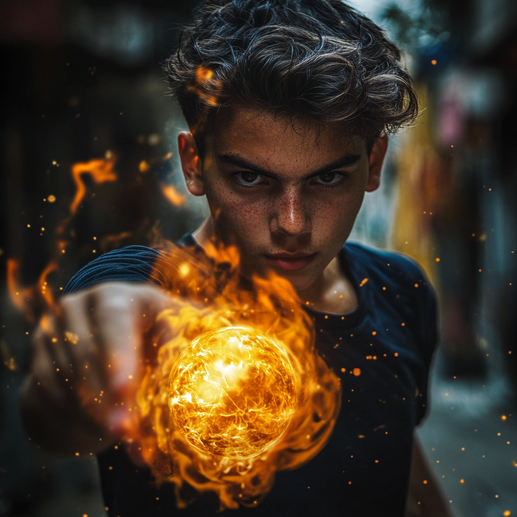 Teenage boy controlling fire, throwing fireballs with intense gaze.