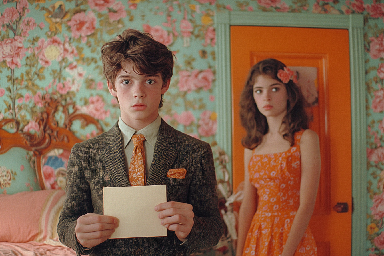 Teenage boy in blazer hands envelope to sister.