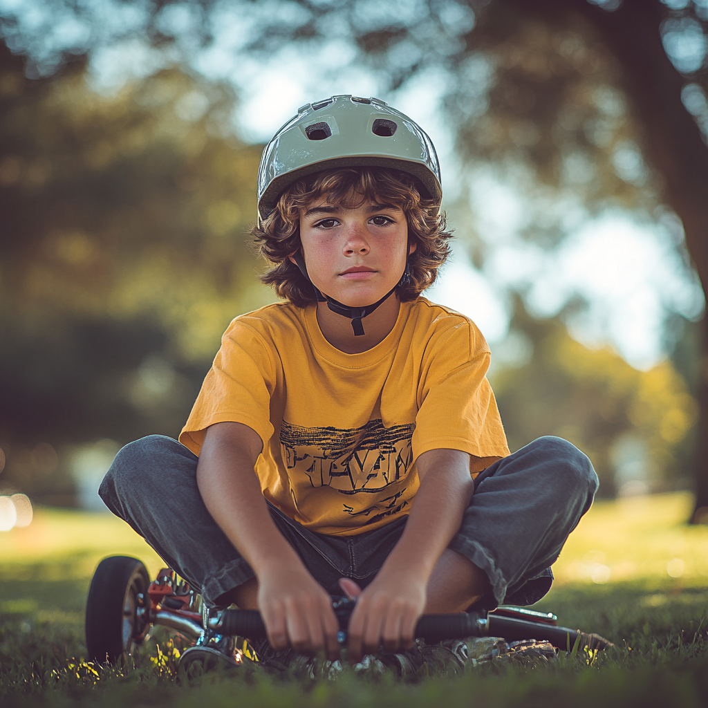 Teenage boy in yellow shirt on BMX bike - Safety helmet - Green grass