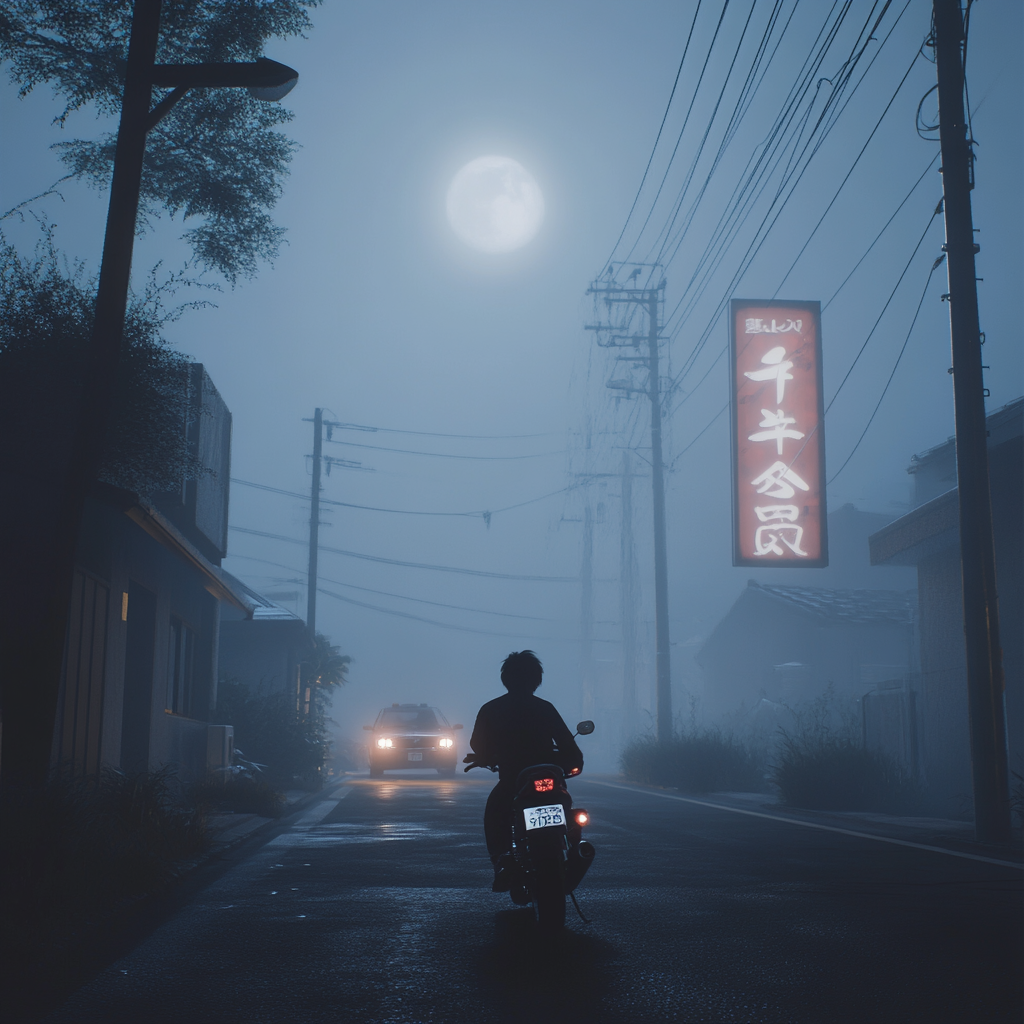 Teenage boy on big bike on moonlit Japanese street