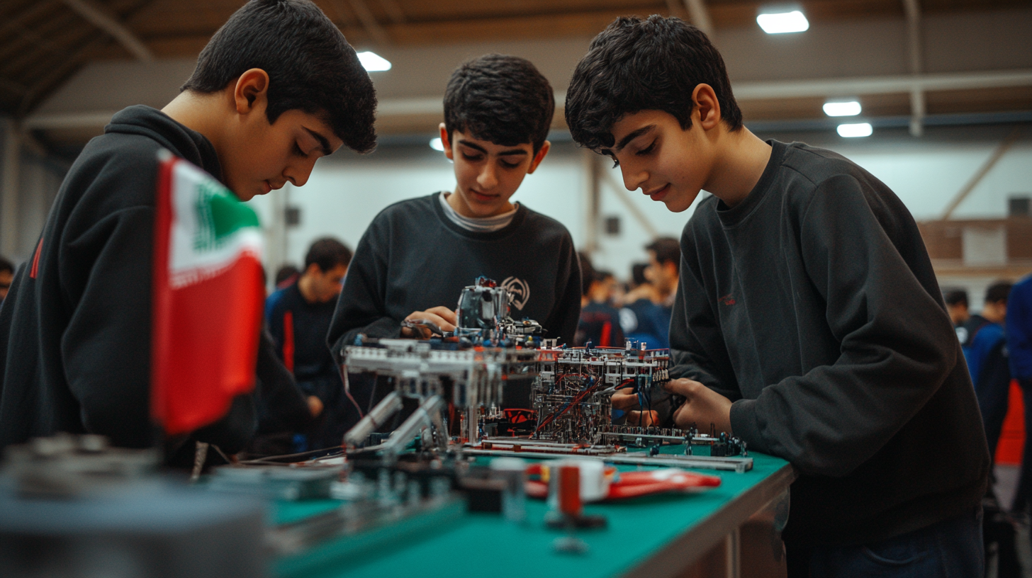 Teenage boys building a robot with Iranian flag