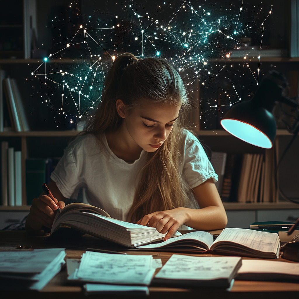 Teenage female studying constellations, making calculations on desk.