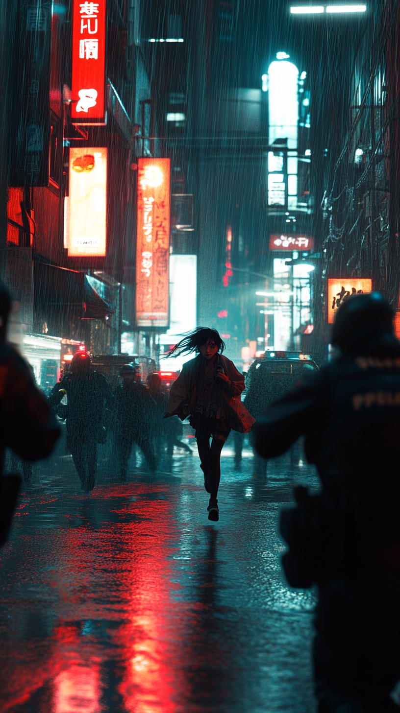 Teenage girl in cyberpunk Tokyo running from police.