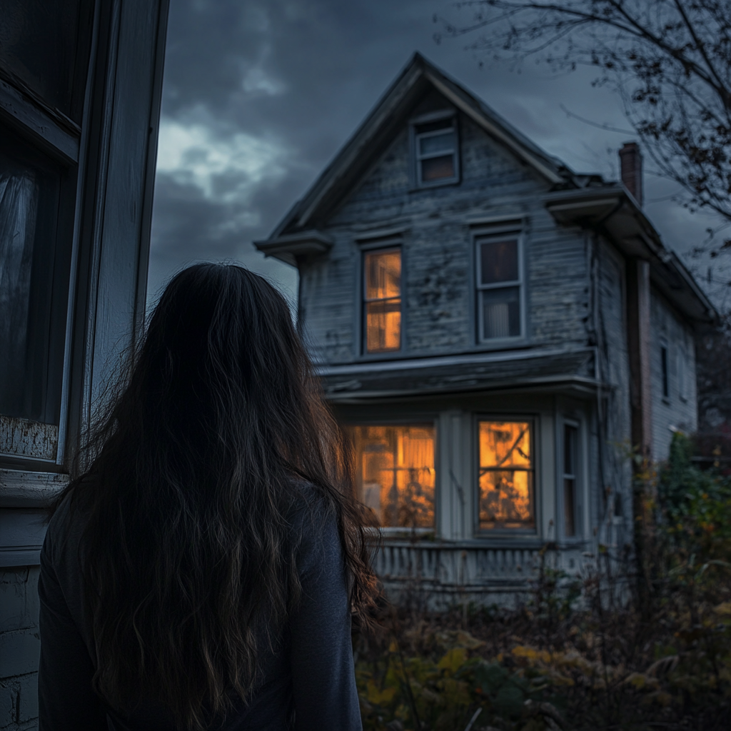 Teenage girl peers into window of spooky house