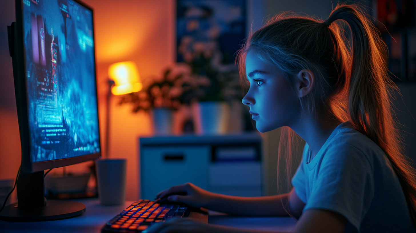 Teenage girl playing PC games at night, realistic portrait.