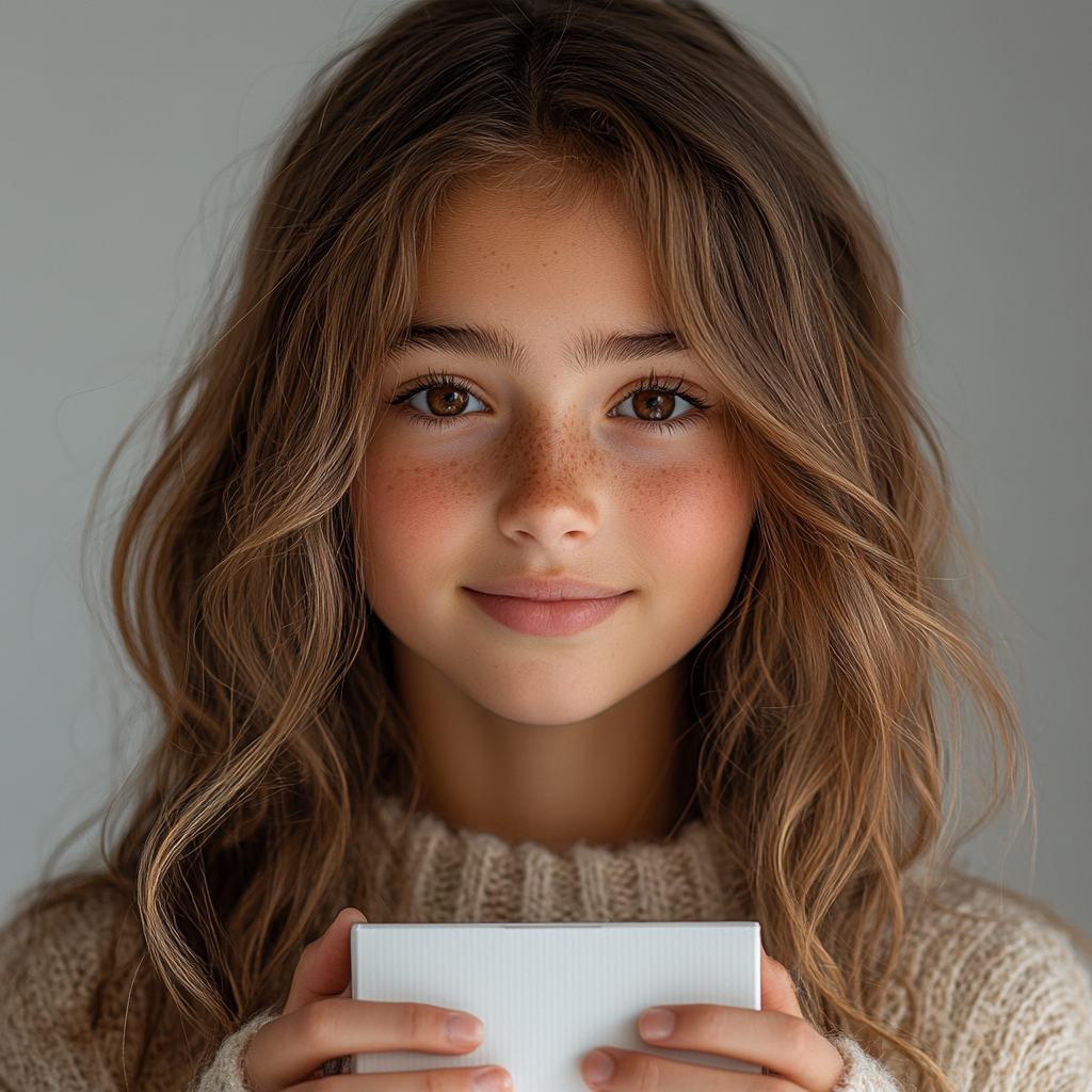 Teenage girl with brown hair holding white box