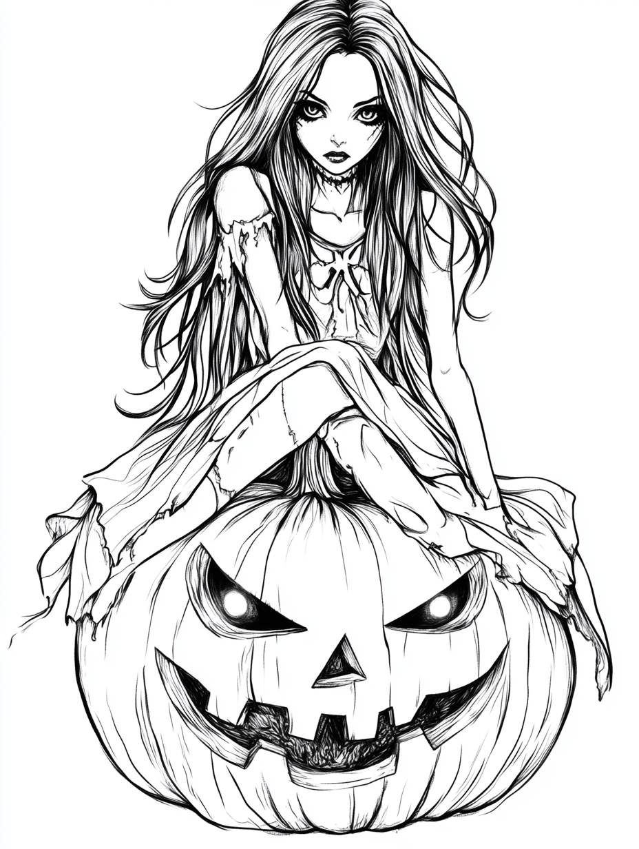 Teenage witch sitting on pumpkin with spooky expression.