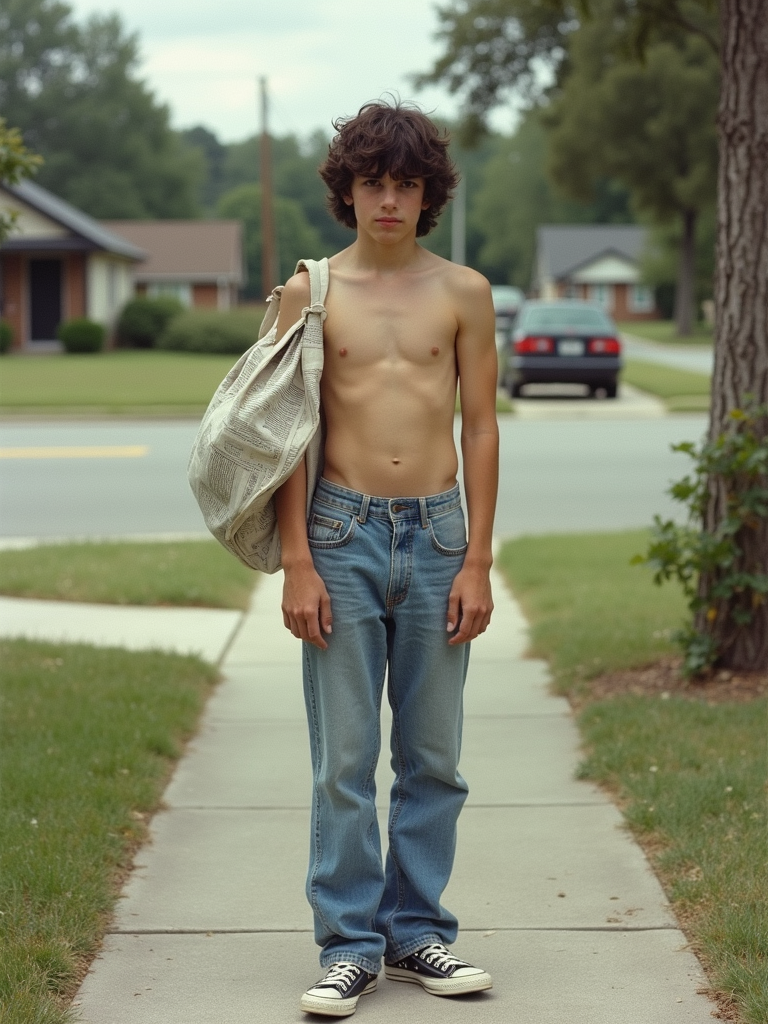 Teenager Delivering Newspapers in 1980s Suburb
