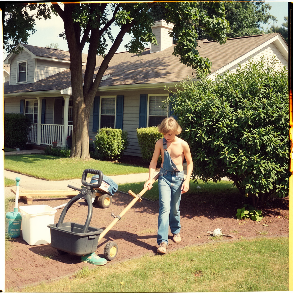 Teenager Doing Yard Work in 1980s Suburb