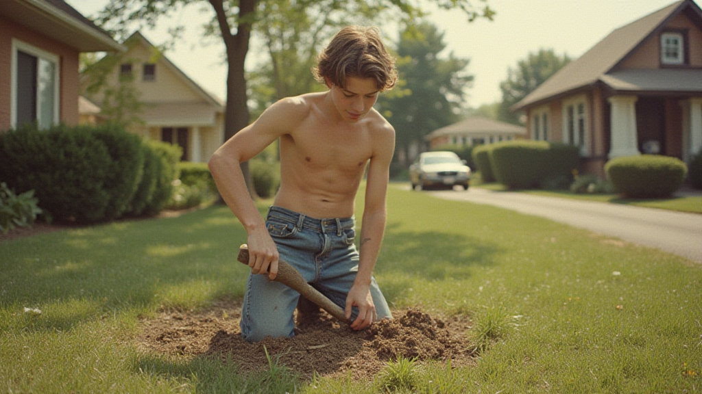 Teenager Doing Yard Work in 1980s Suburb