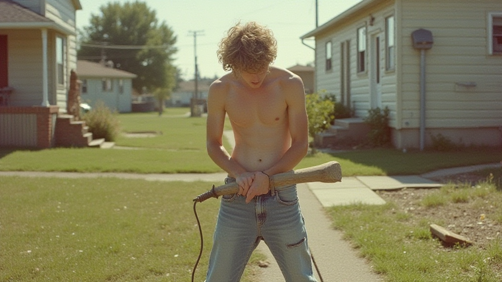 Teenager Working in Yard, Vintage 1980s Suburb Photo