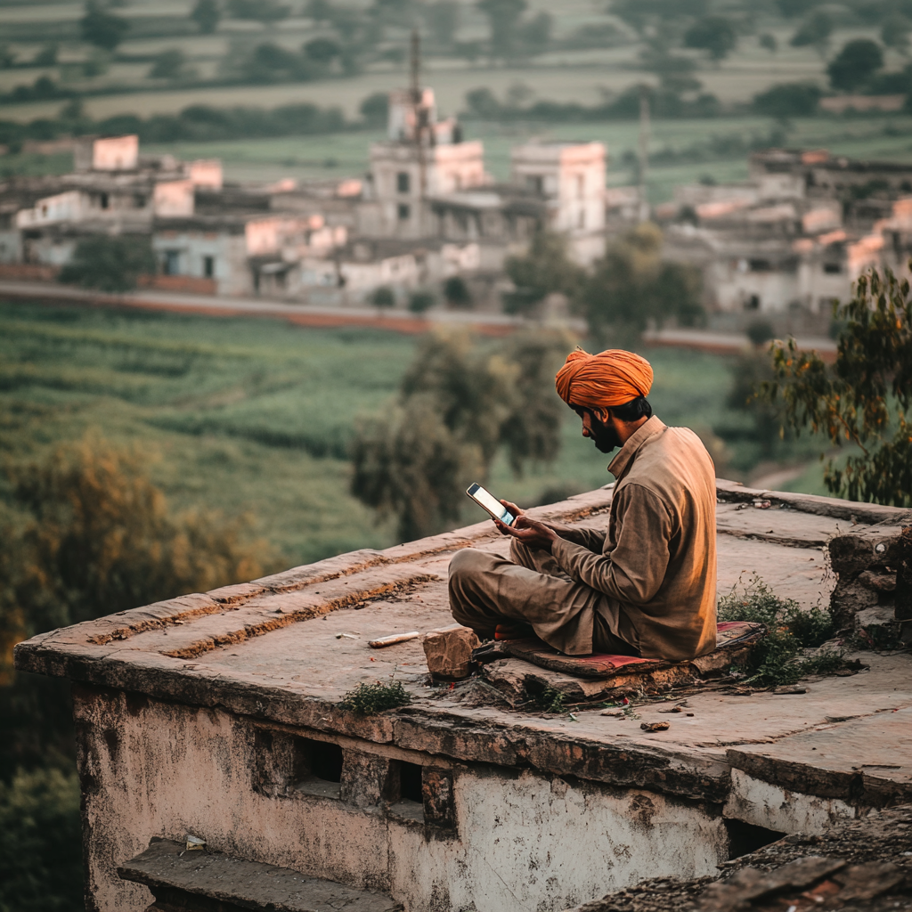 Teenager in Turban on Village Rooftop with Smartphone