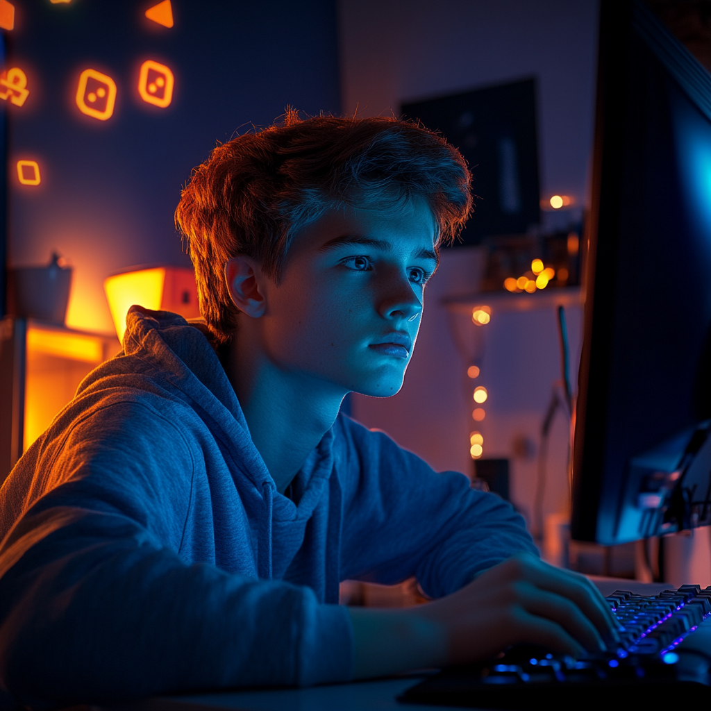 Teenager playing PC games at night, with blue and orange lights, retro icons floating around.