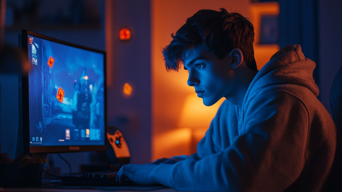 Teenager playing PC games in cozy warm room.