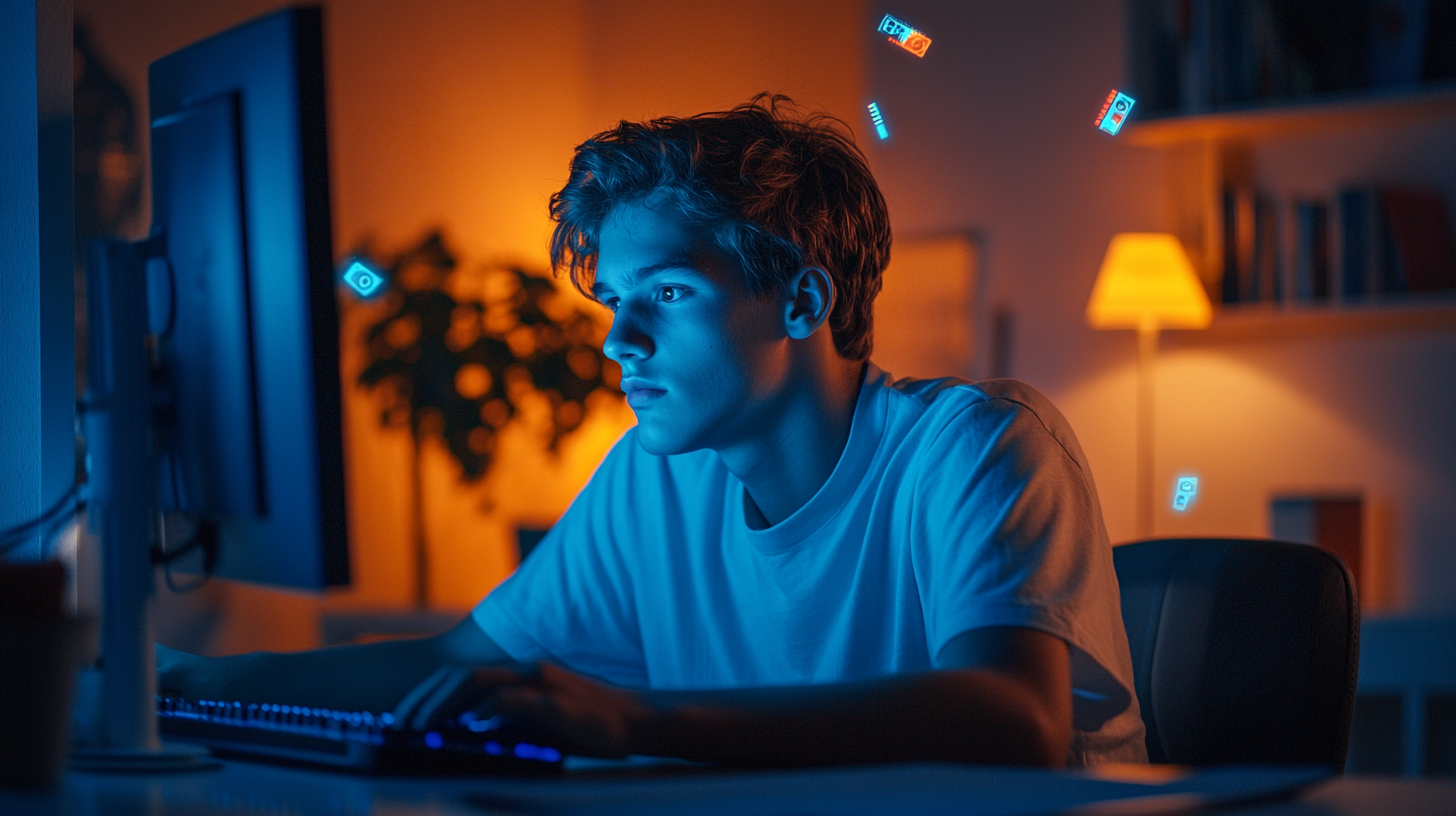 Teenager playing PC games in dark room at night.