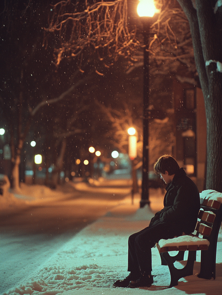 Teenager sitting on snowy bench at night, Montreal