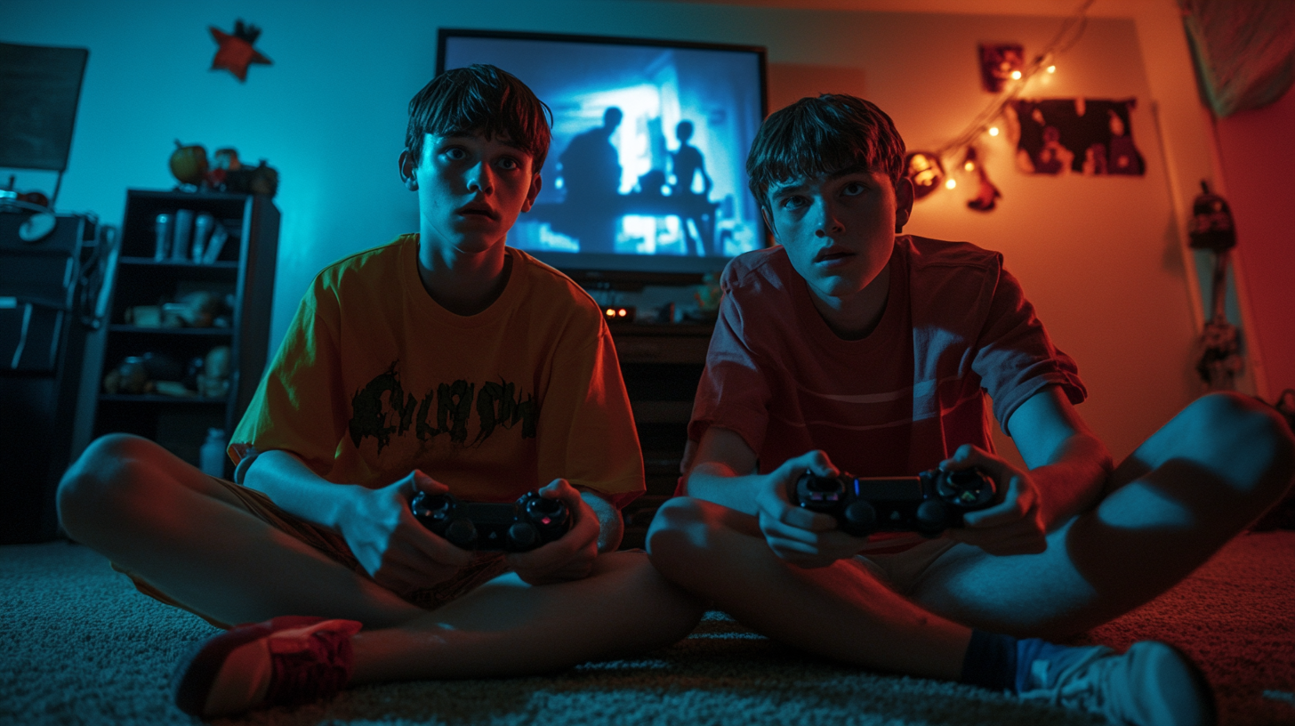 Teenagers Playing Horror Video Games in Halloween Setting