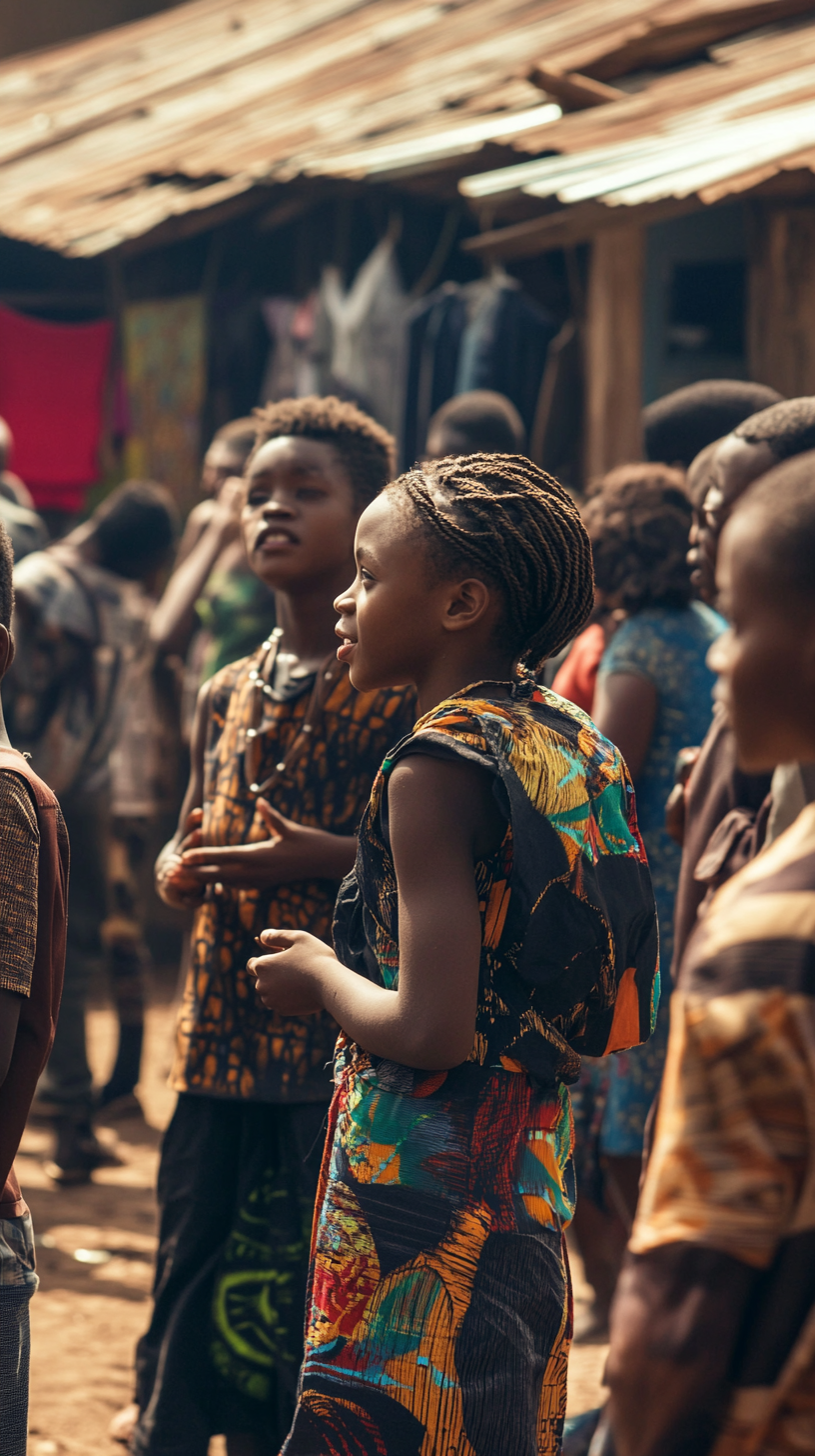 Teenagers chatting in Nigerian market wearing traditional clothes.