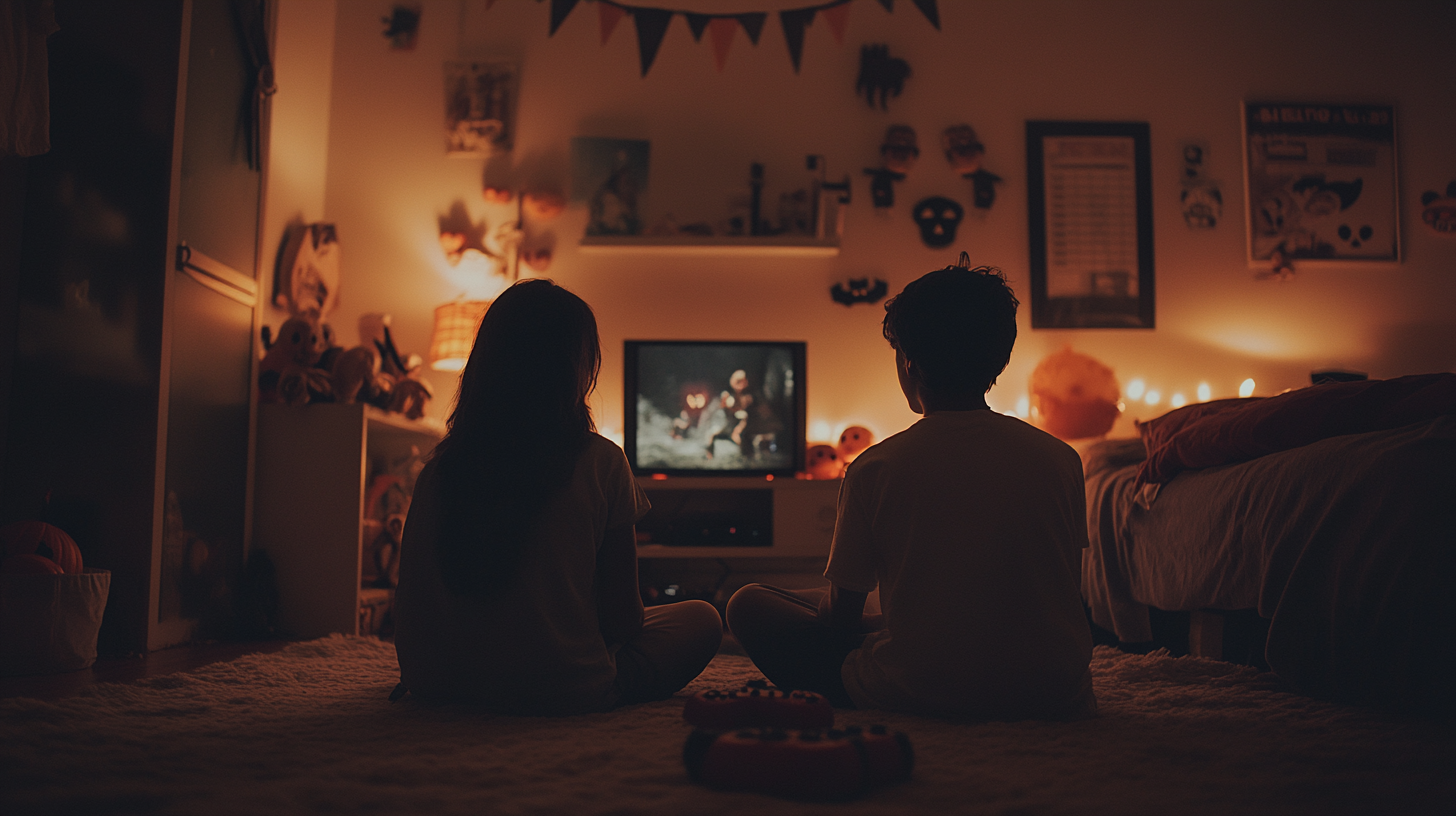 Teenagers playing spooky video games in dim bedroom