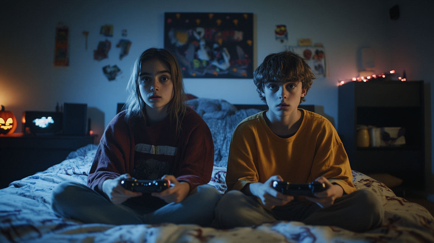 Teens Playing Horror Video Games in Dark Room