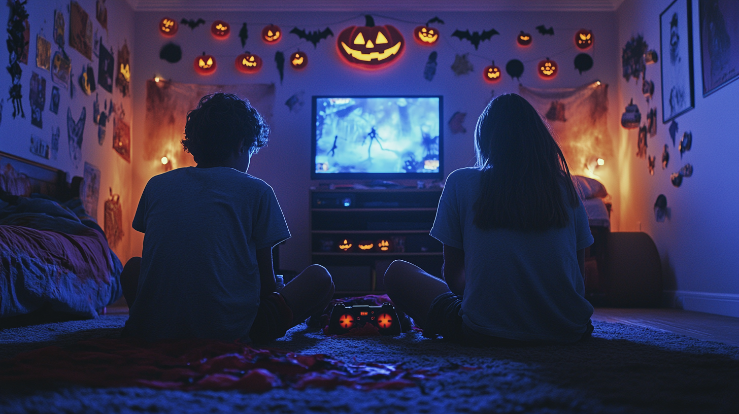 Teens Playing Horror Video Games in Dimly Lit Room