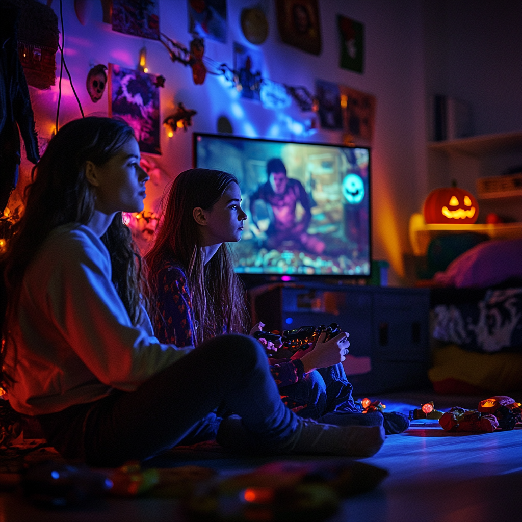 Teens playing horror video game in spooky room