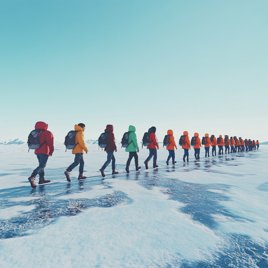 Teens walk in line in snowy Antarctica.