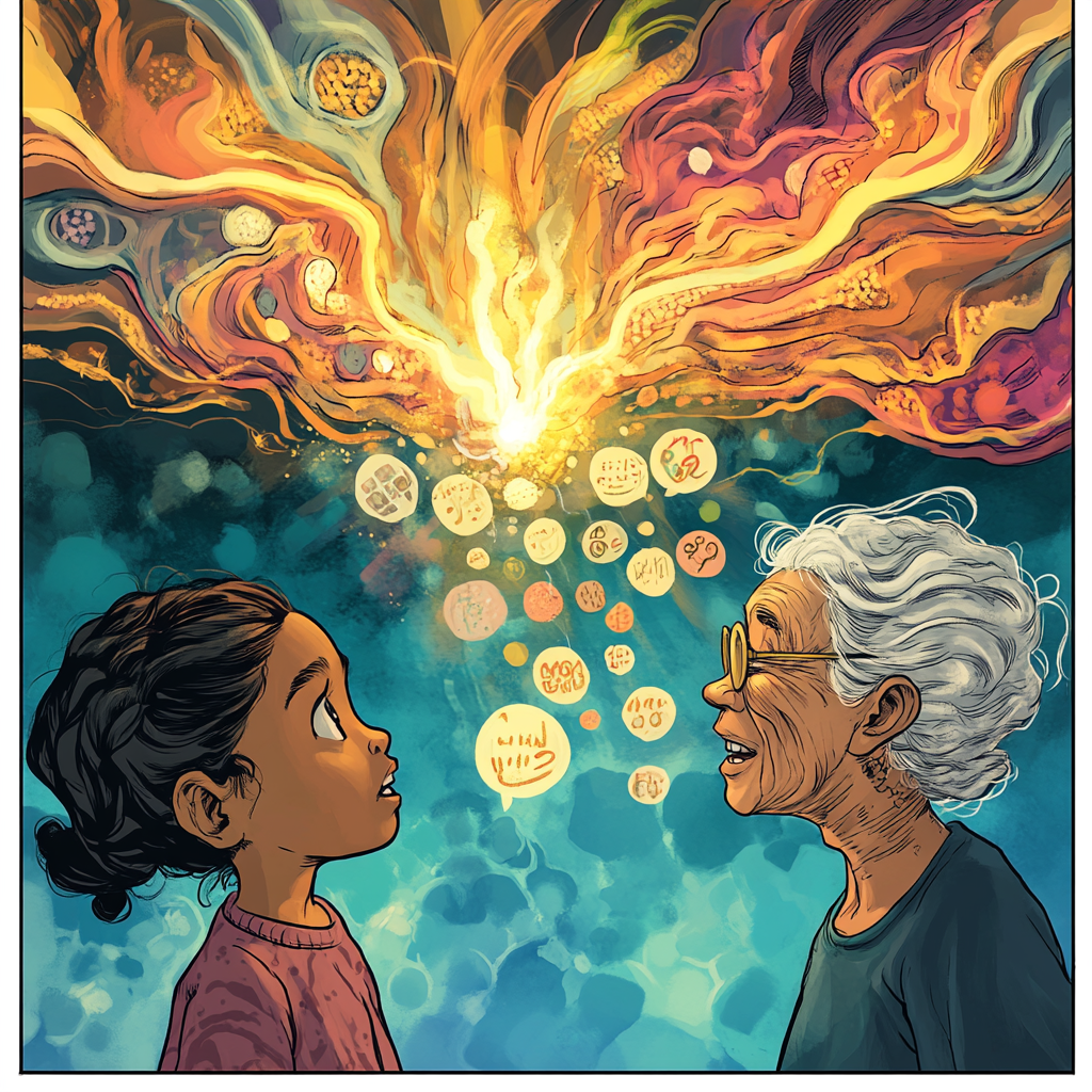 Telepathic communication between child and grandmother comic concept