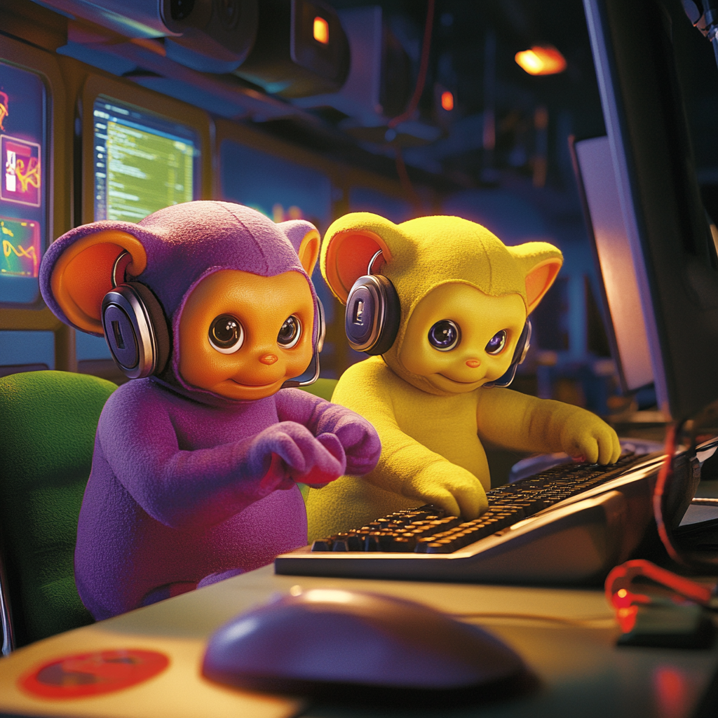 Teletubbies with Wireless Headsets and Reading Glasses 