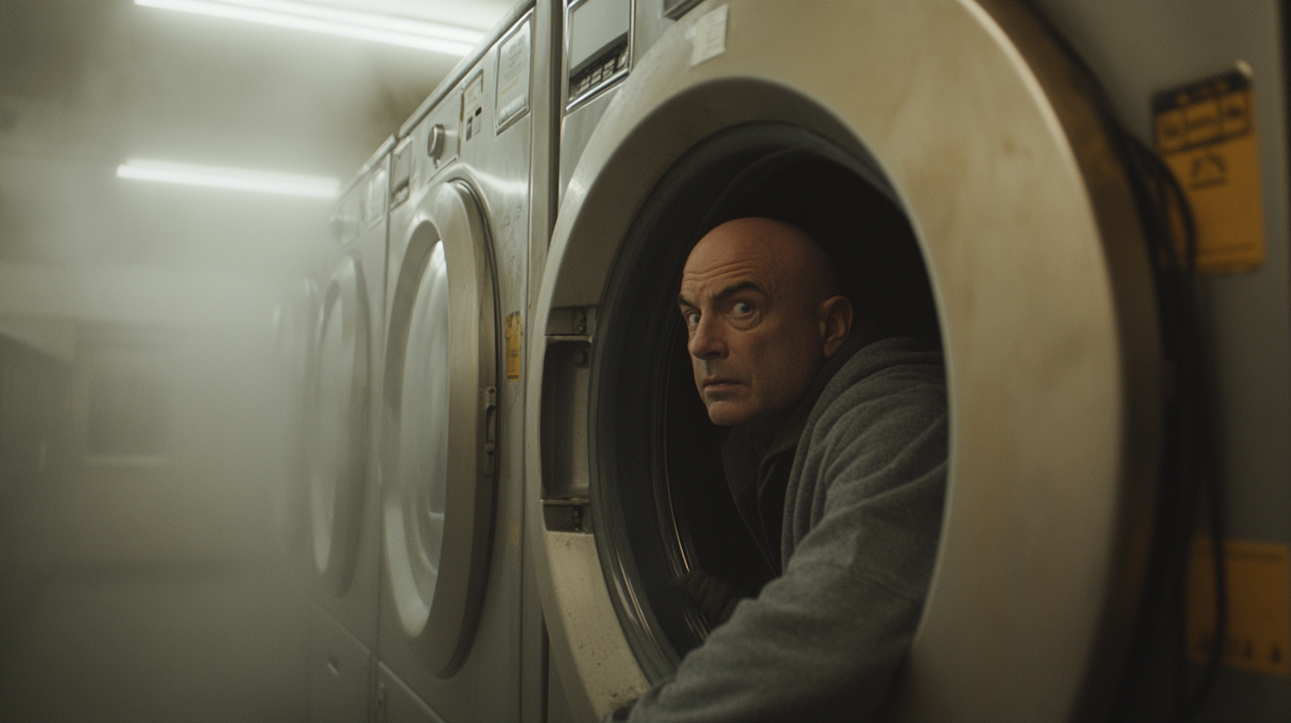 Telly Savalas crawling into washing machine in foggy dock.