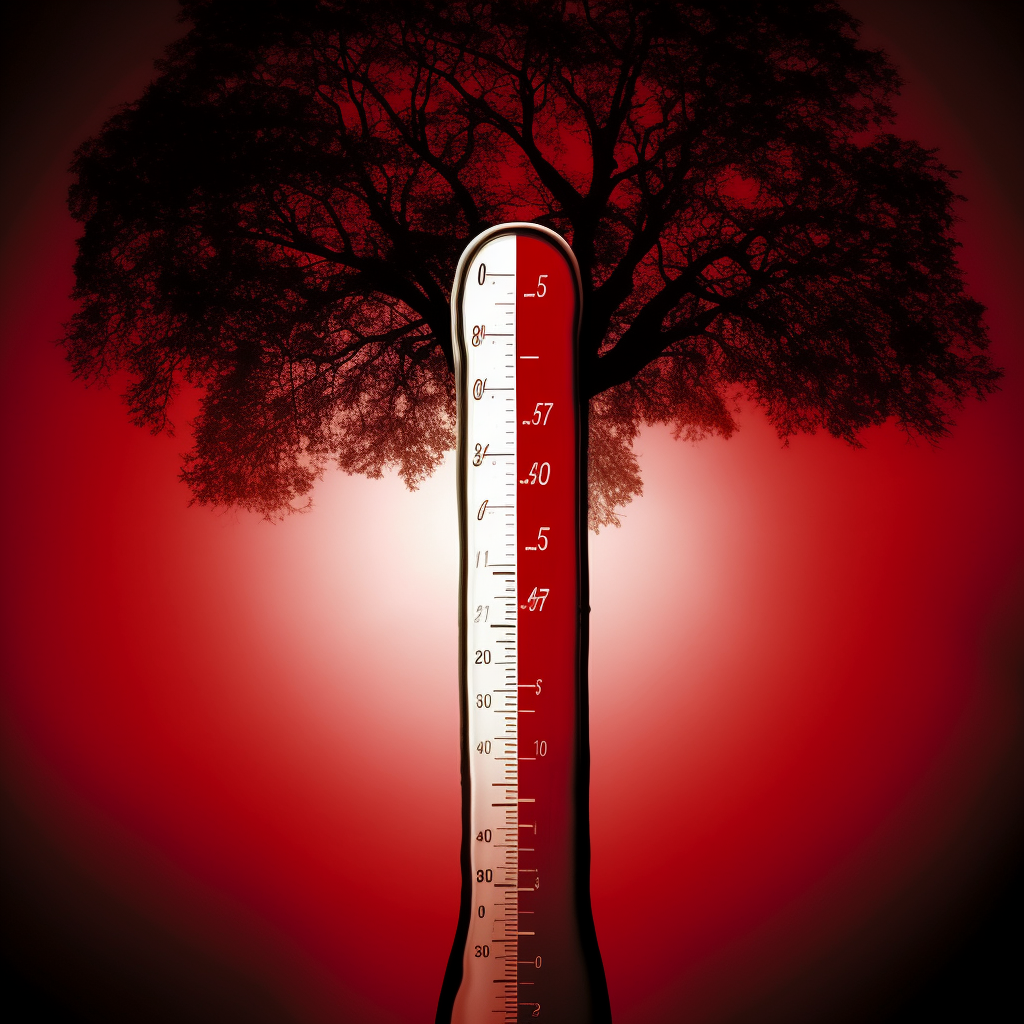 Temperature Displayed: Mercury Thermometer, Tree Silhouette Background