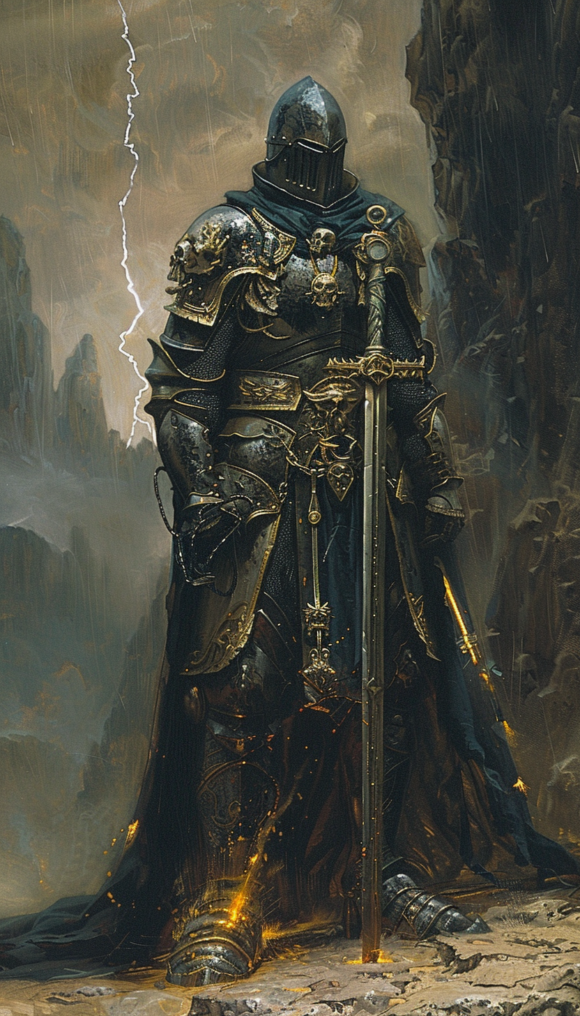 Templar knight in lightning obsidian armor on fantasy lithograph.