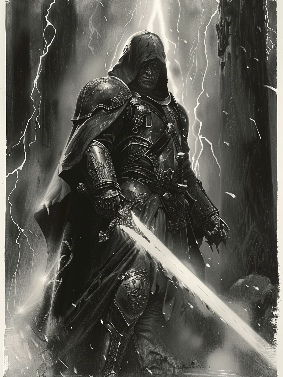 Templar knight in obsidian armor uses lightning magic.