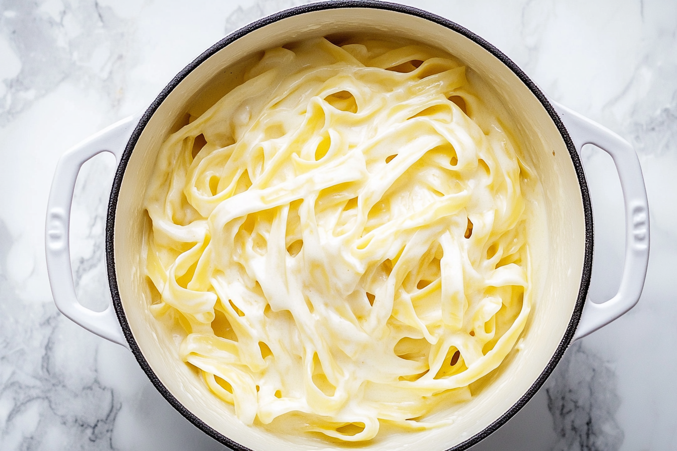 Tempting Homemade Alfredo Sauce in White Pot