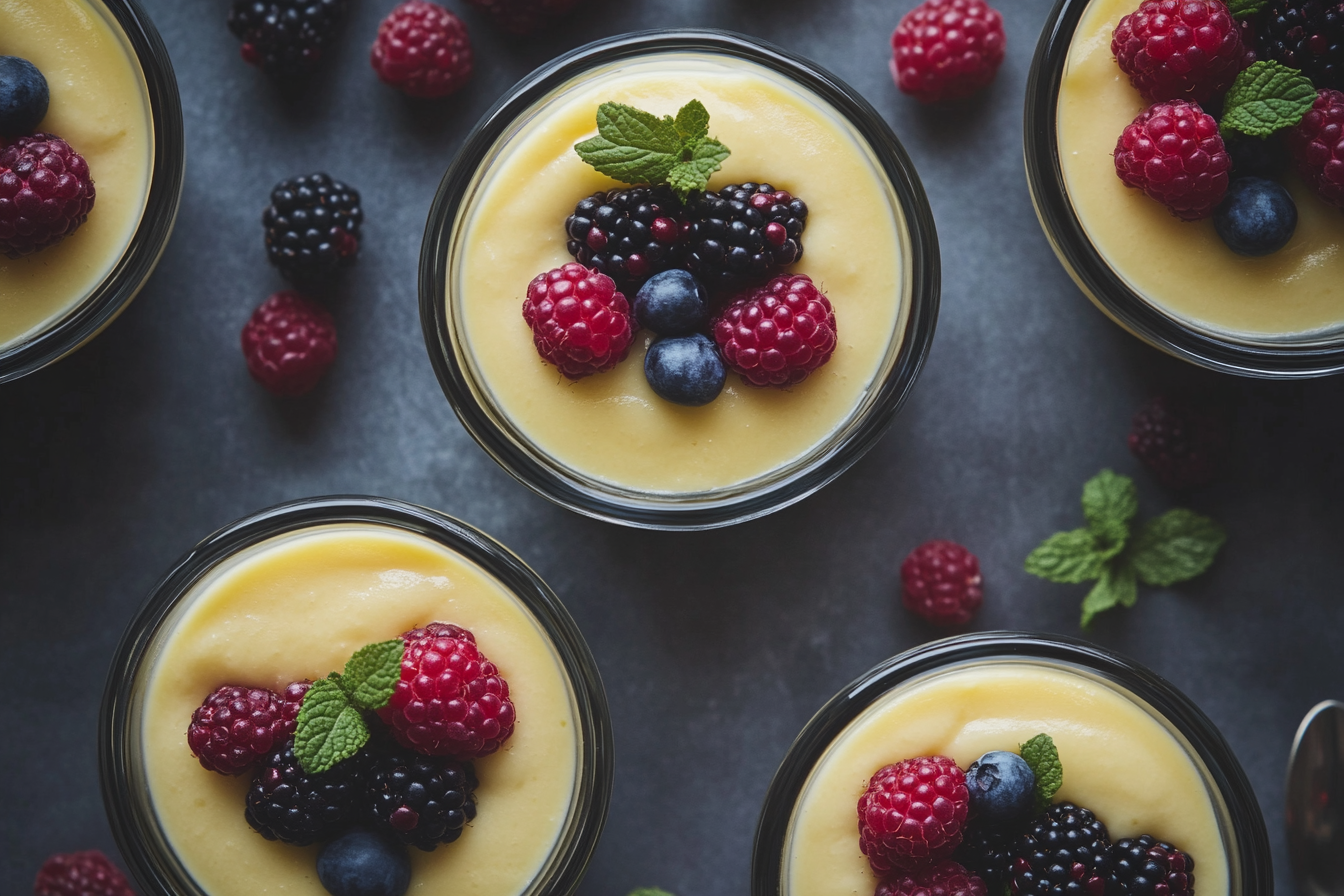 Tempting Vanilla Pots De Creme with fresh berries.