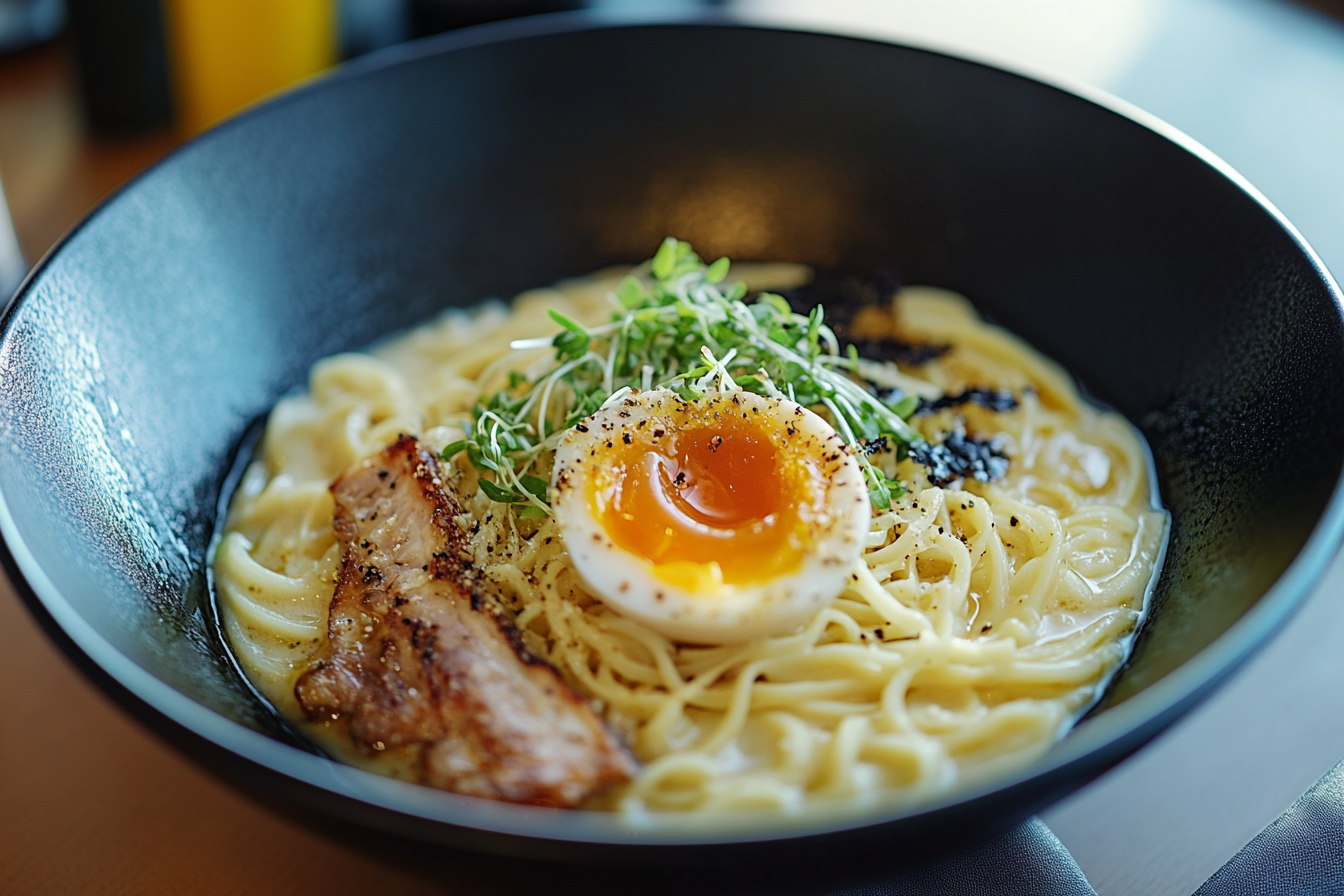 Tempting close-up of luxurious Ramen Carbonara in top view.