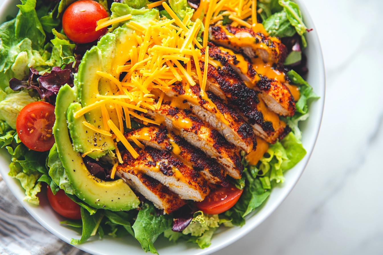 Tempting gourmet salad with blackened chicken on marble countertop.