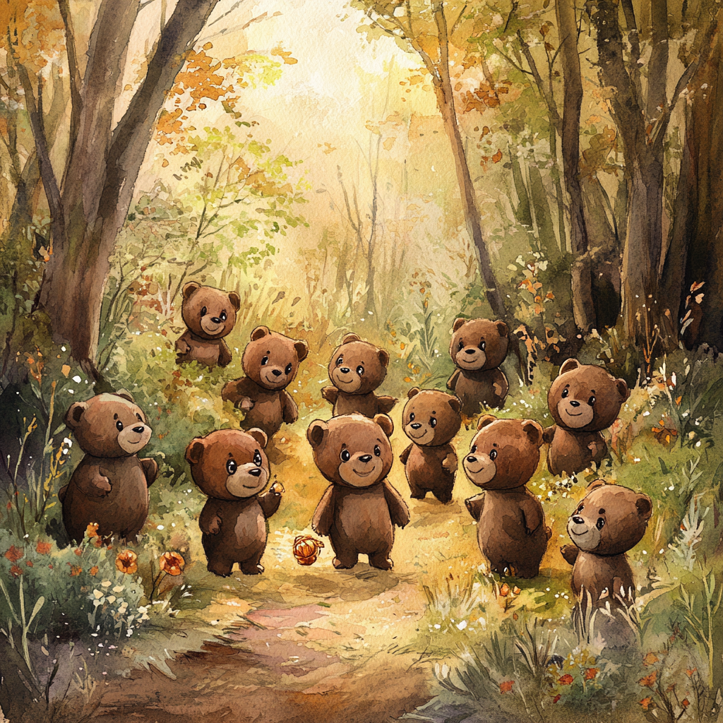 Ten teddy bears searching for honey in the woods.