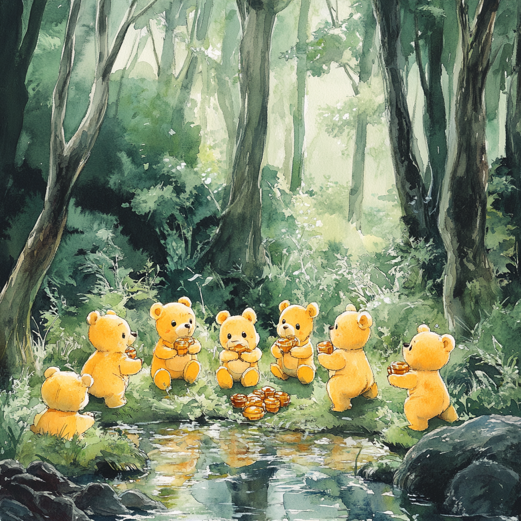 Ten teddy bears searching for honey in woods.