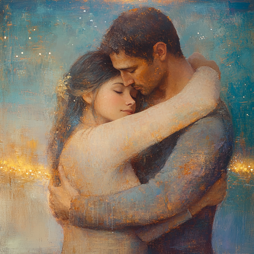 Tender embrace between figures in cozy, intimate setting.