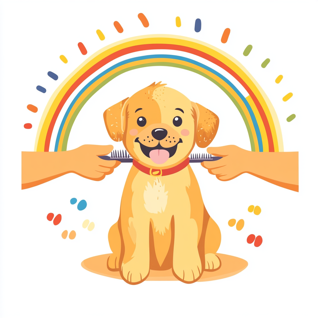 Tender puppy grooming with rainbow circle background, bright colors.