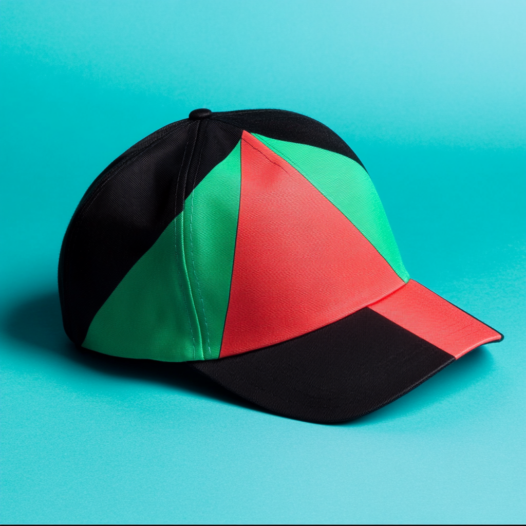 Tennis cap with flag design: large red triangle front.