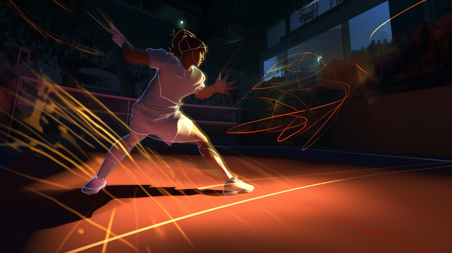 Tennis player moves swiftly in energetic, futuristic match