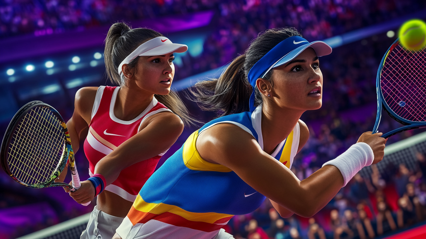 Tennis players in color outfits on vibrant court