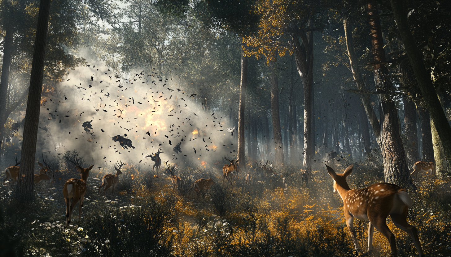 Tense Forest Hunt: 3D Render, Animals Fleeing - 7:4