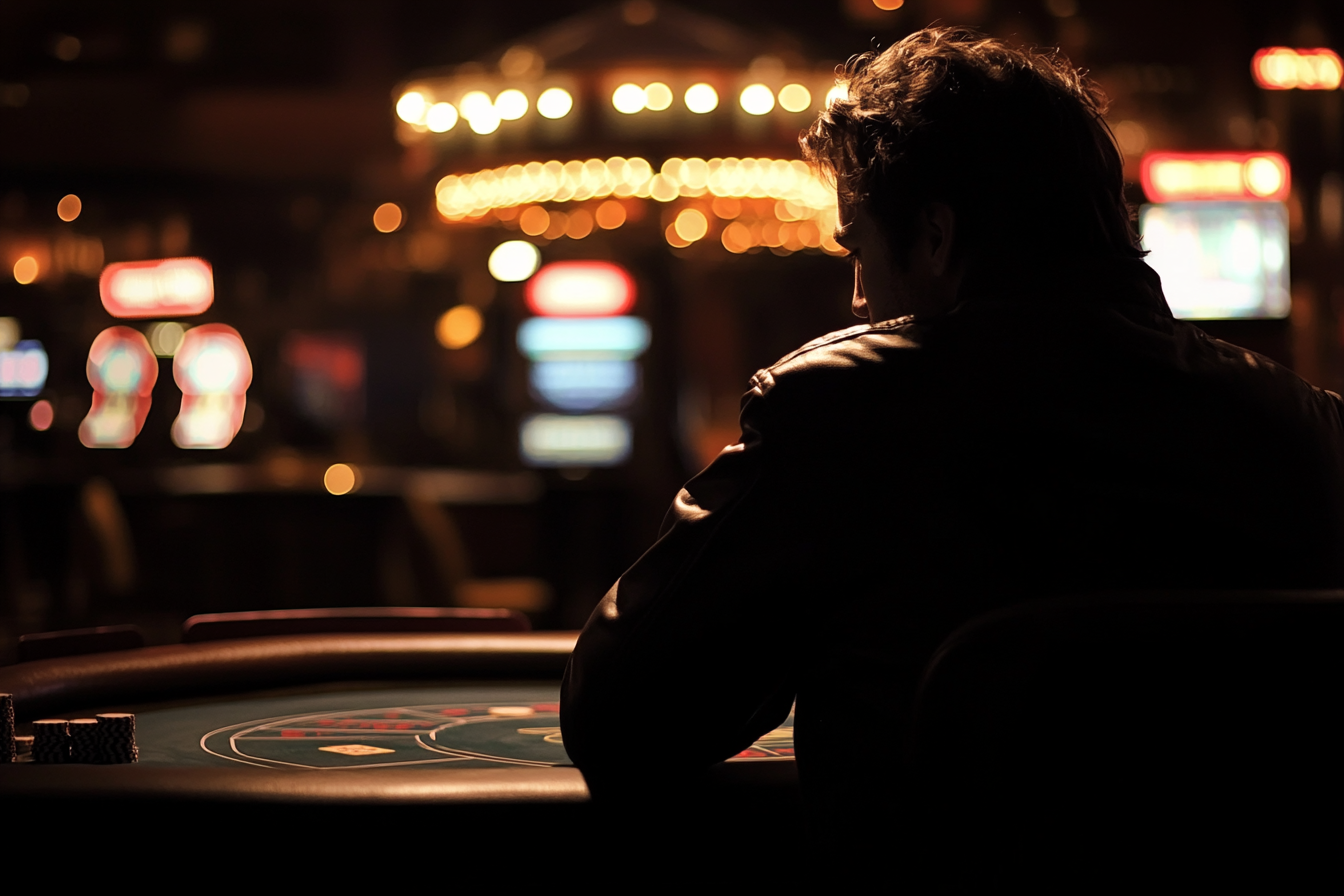 Tense poker game in Las Vegas with shadowy figure.